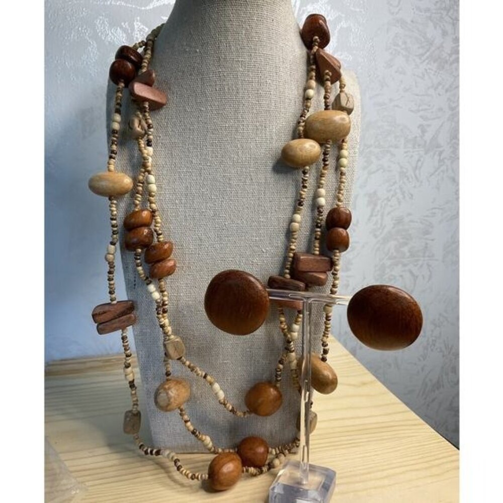 Brown Wooden Boho Necklace Pierced Round Button Earring Set